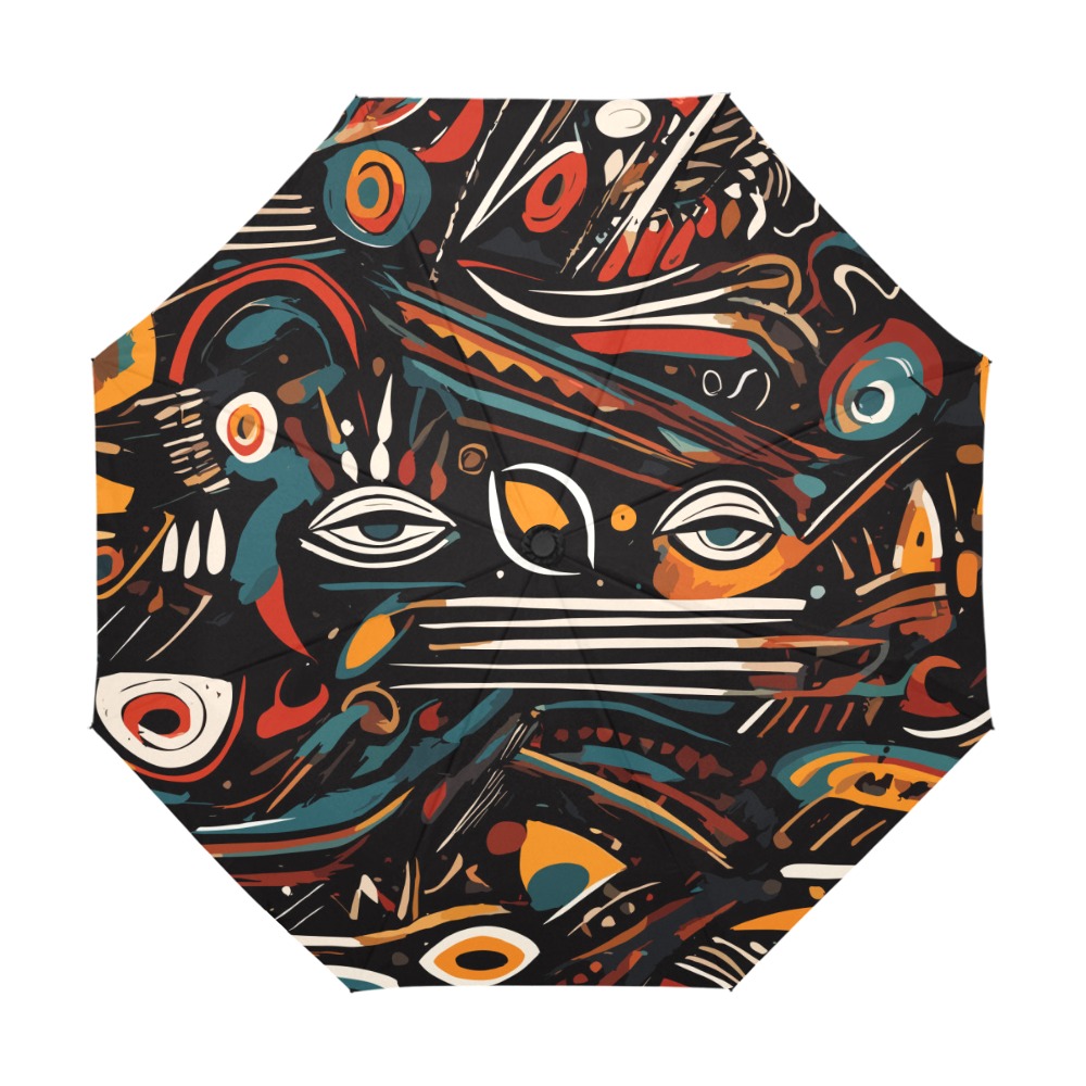 Fantasy abstract art of tribal elements on black. Anti-UV Auto-Foldable Umbrella (U09)