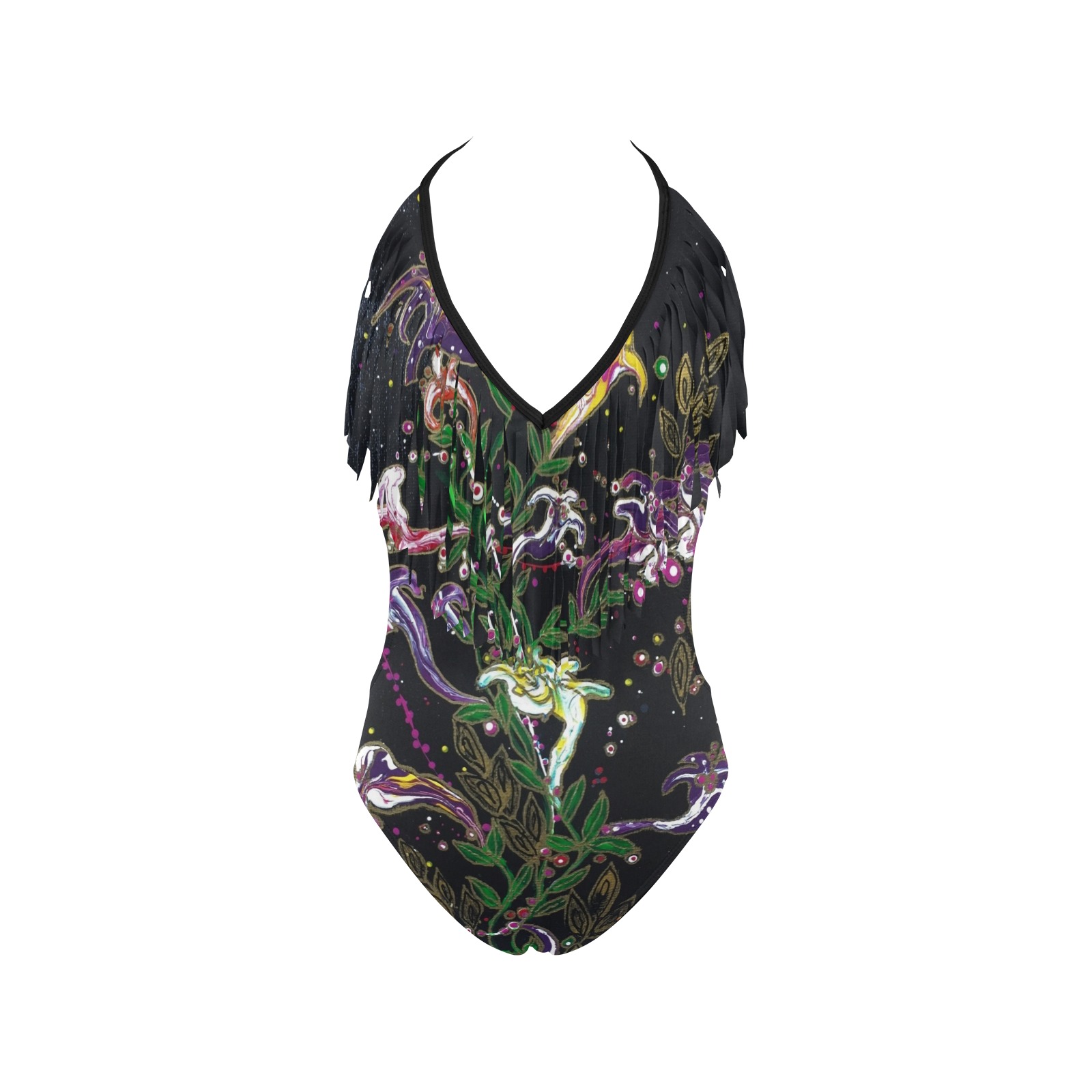 Flowers and Orbs Women's Fringe Swimsuit (Model S32)