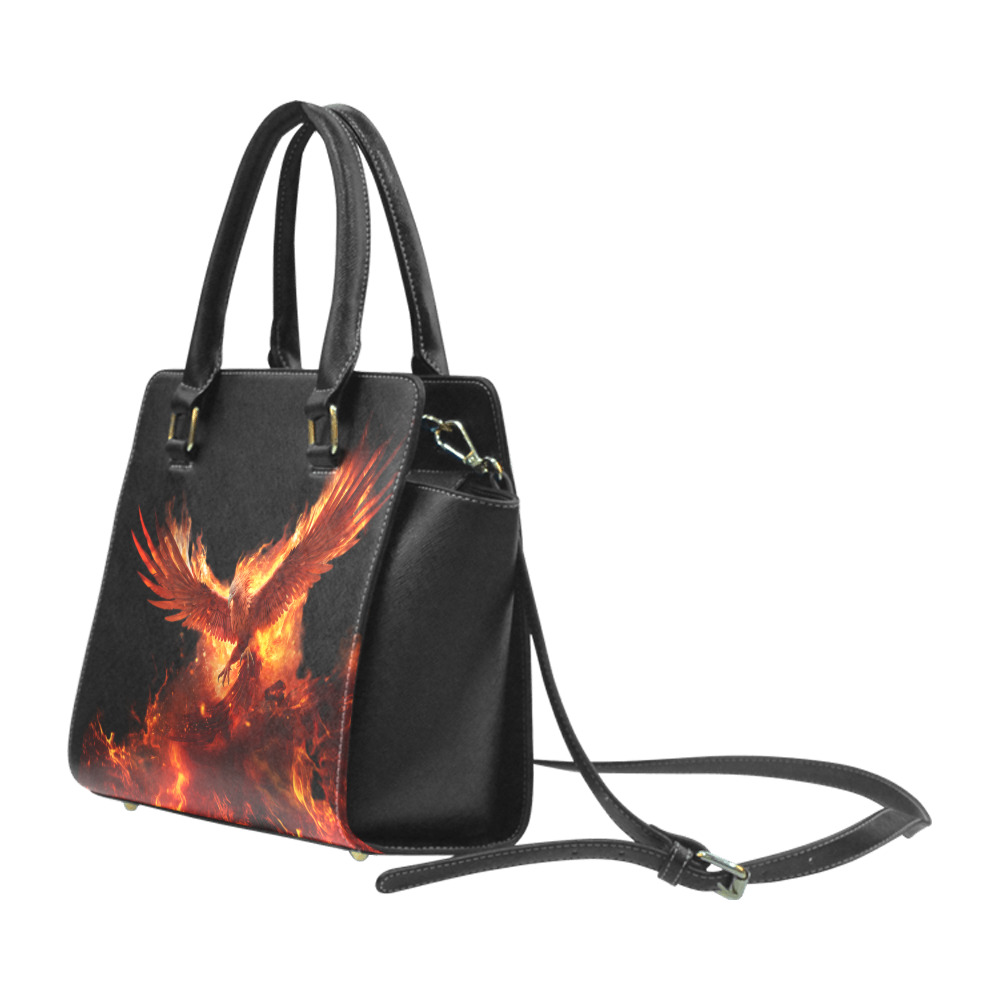 Phoenix Rising on Black Rivet Shoulder Handbag (Model 1645)