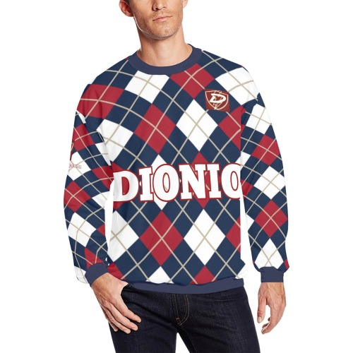 DIONIO Clothing - Argyle Blue,Red & White Diamond Sweatshirt (Red D-Shield Logo) Men's Oversized Fleece Crew Sweatshirt (Model H18)