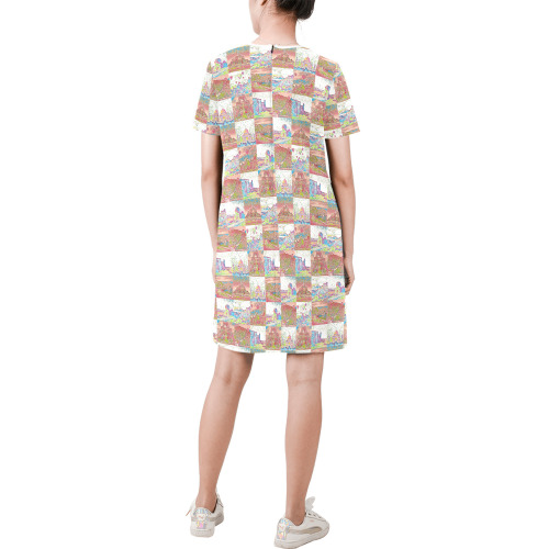 Big Pink and White World travel Collage Pattern Short-Sleeve Round Neck A-Line Dress (Model D47)