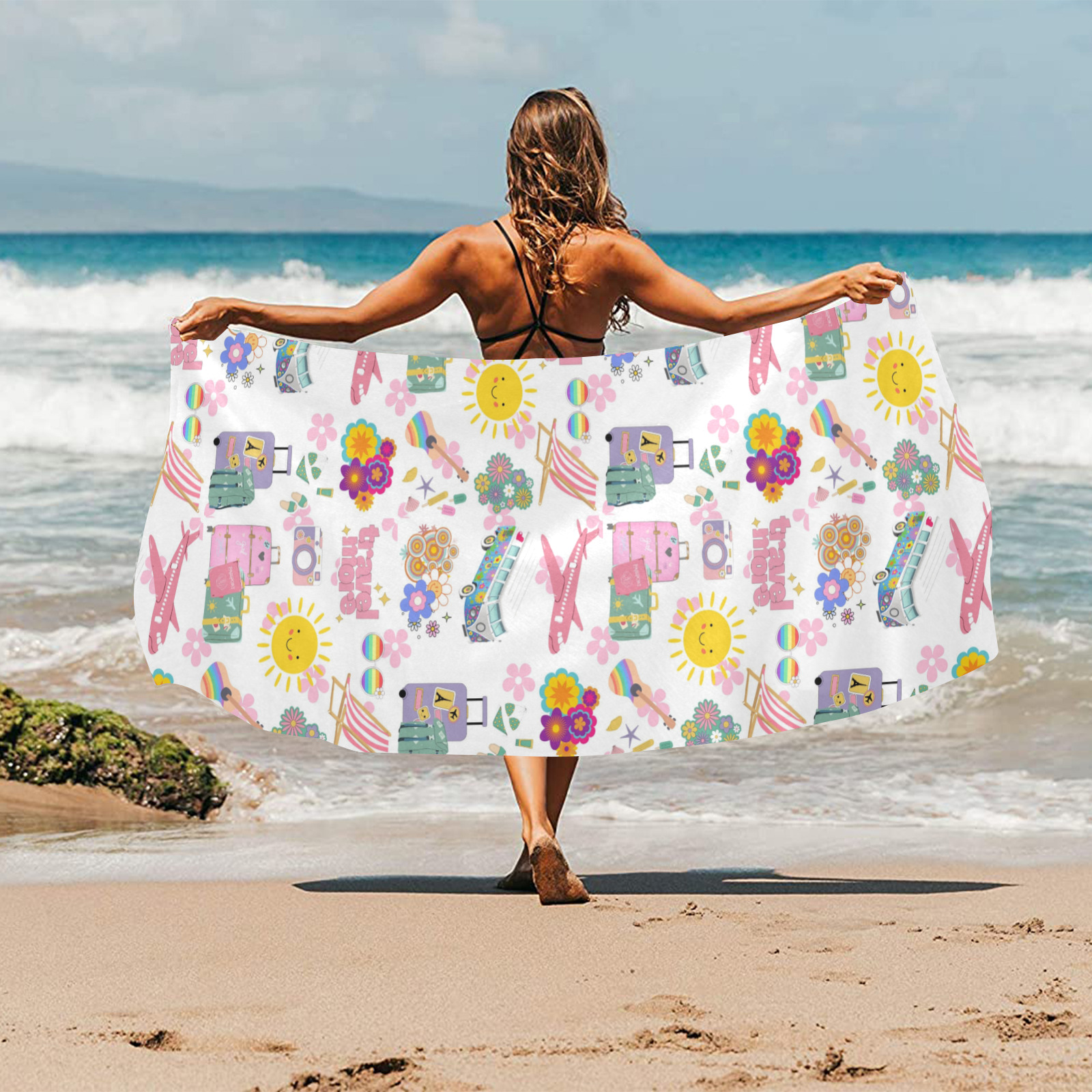 Hippie Summer Holiday Travel Vacation Artwork Design Beach Towel 32"x 71"
