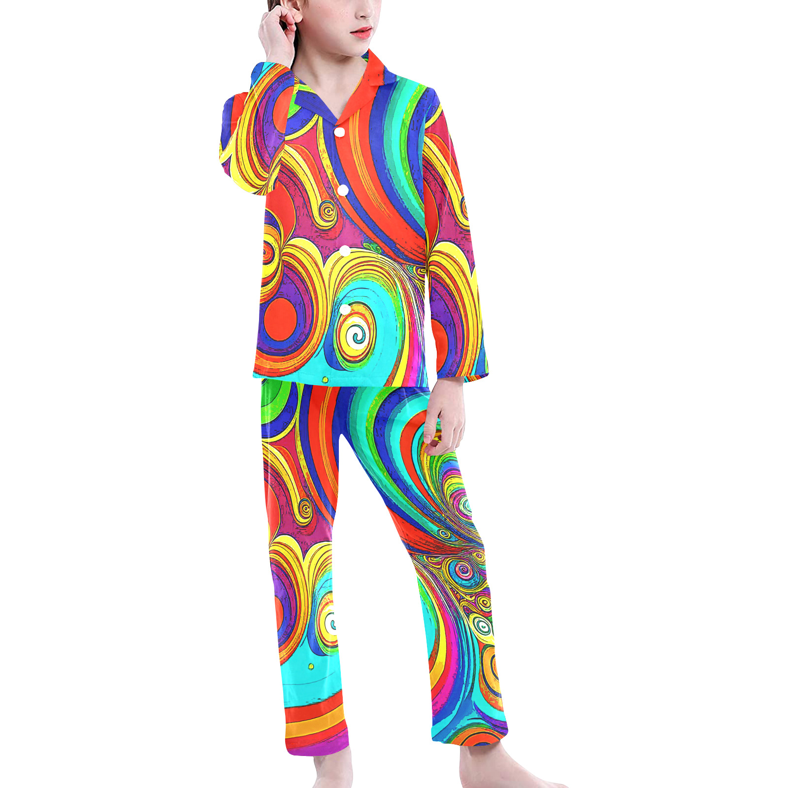 Colorful Groovy Rainbow Swirls Big Girls' V-Neck Long Pajama Set