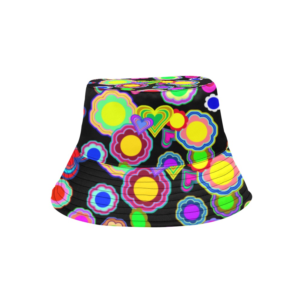 Groovy Hearts and Flowers Black All Over Print Bucket Hat for Men
