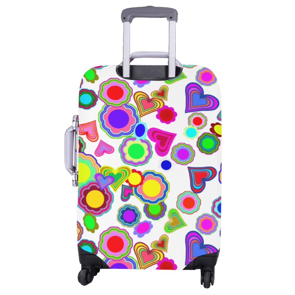 Groovy Hearts and Flowers White Luggage Cover/Large 26"-28"