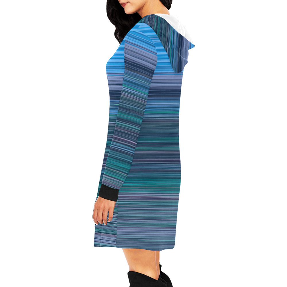 Abstract Blue Horizontal Stripes All Over Print Hoodie Mini Dress (Model H27)