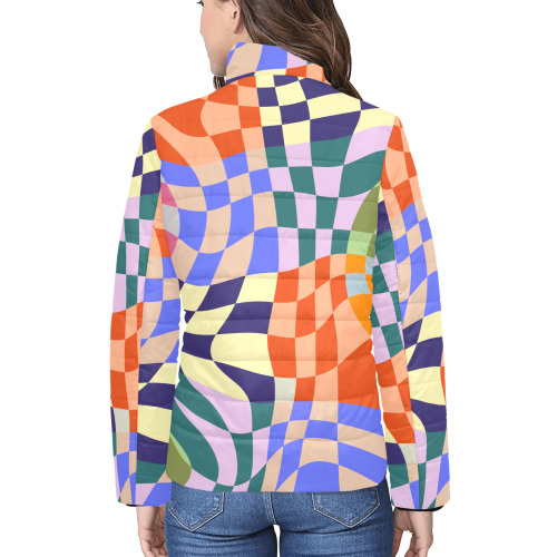 Wavy Groovy Geometric Checkered Retro Abstract Mosaic Pixels Women's Stand Collar Padded Jacket (Model H41)