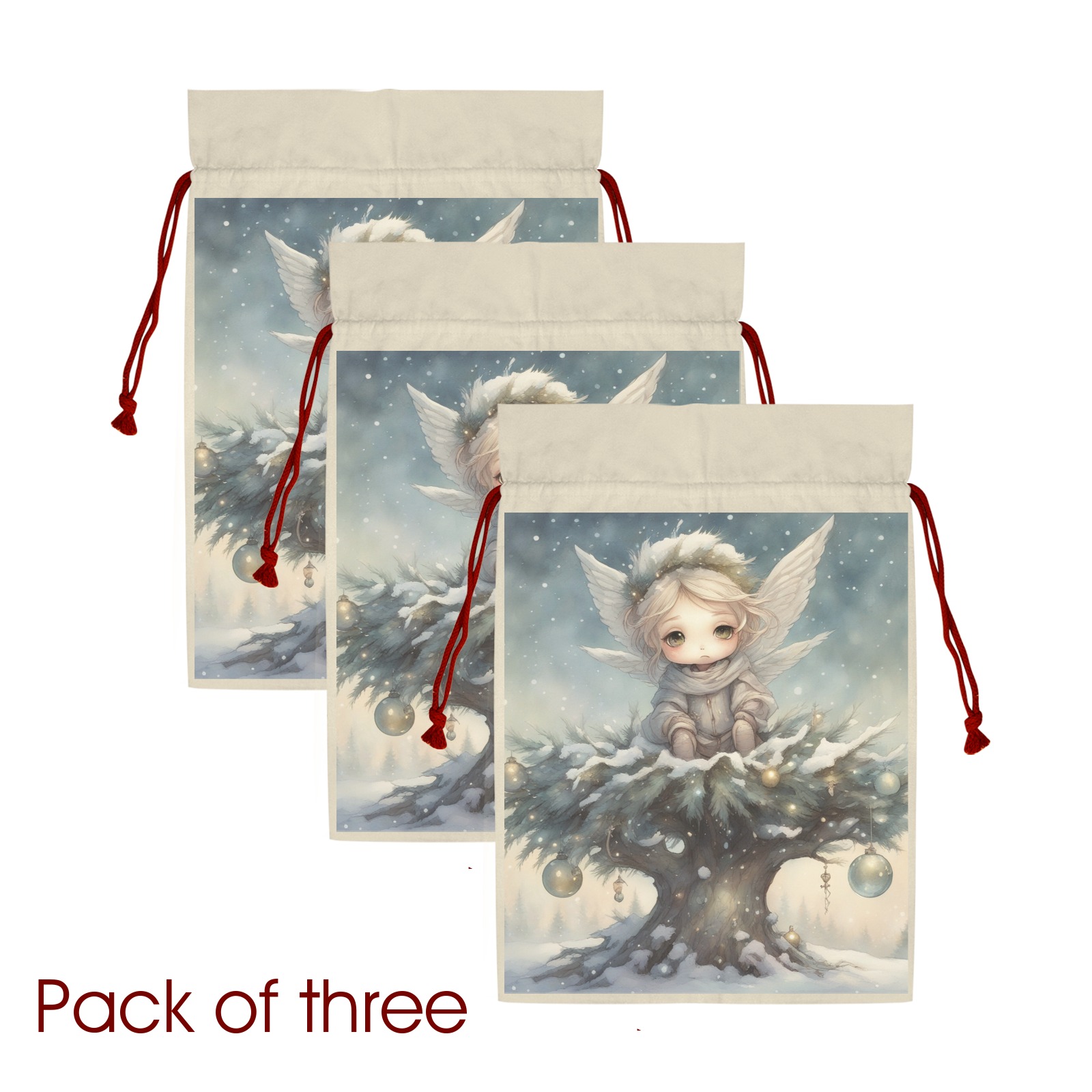 Little Christmas Angel 3 Pack Santa Claus Drawstring Bags (Two Sides Printing)