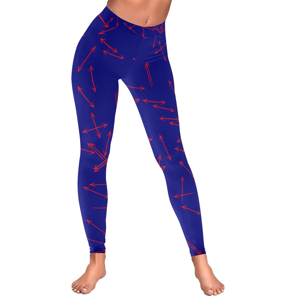 Arrows Every Direction Red on Blue Women's Low Rise Leggings (Invisible Stitch) (Model L05)