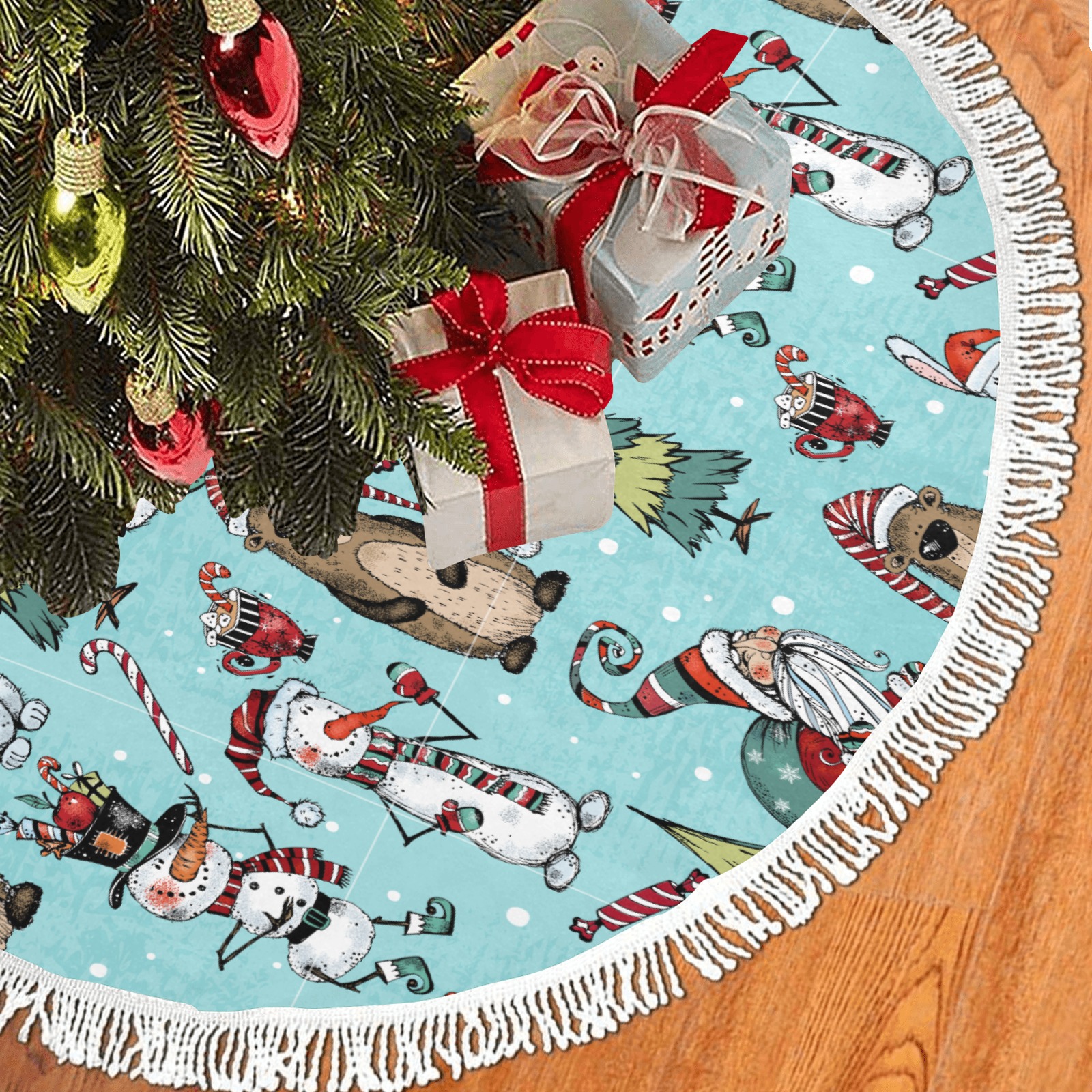 Santa and Friends Thick Fringe Christmas Tree Skirt 30"x30"