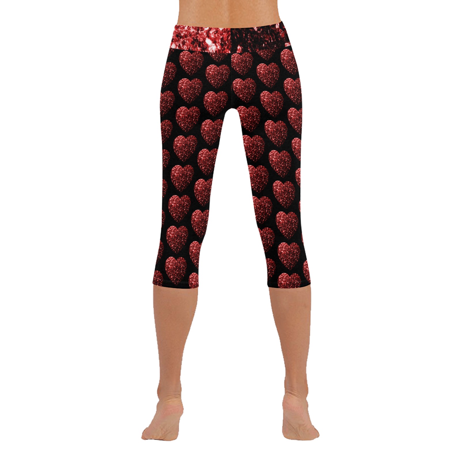 Red sparkles heart faux glitter Valentines Day love pattern on black Women's Low Rise Capri Leggings (Invisible Stitch) (Model L08)