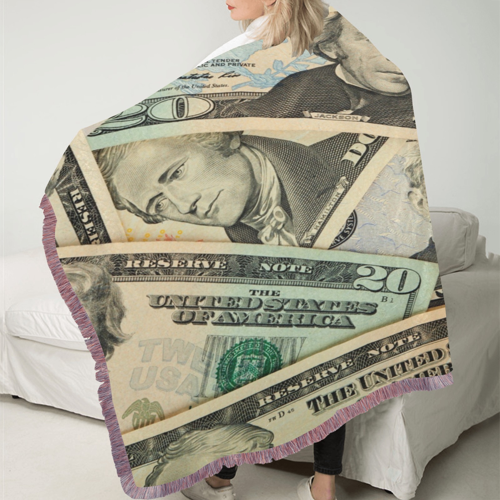 US PAPER CURRENCY Ultra-Soft Fringe Blanket 40"x50" (Mixed Pink)
