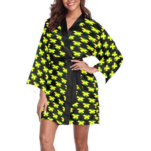 Jamaican Flag Maps Black Long Sleeve Kimono Robe