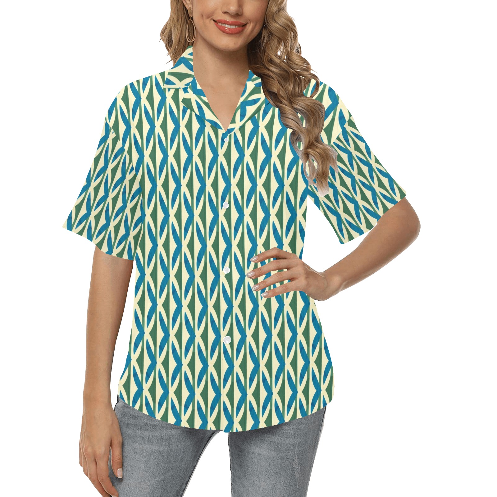 Unique Geometric All Over Print Hawaiian Shirt for Women (Model T58)