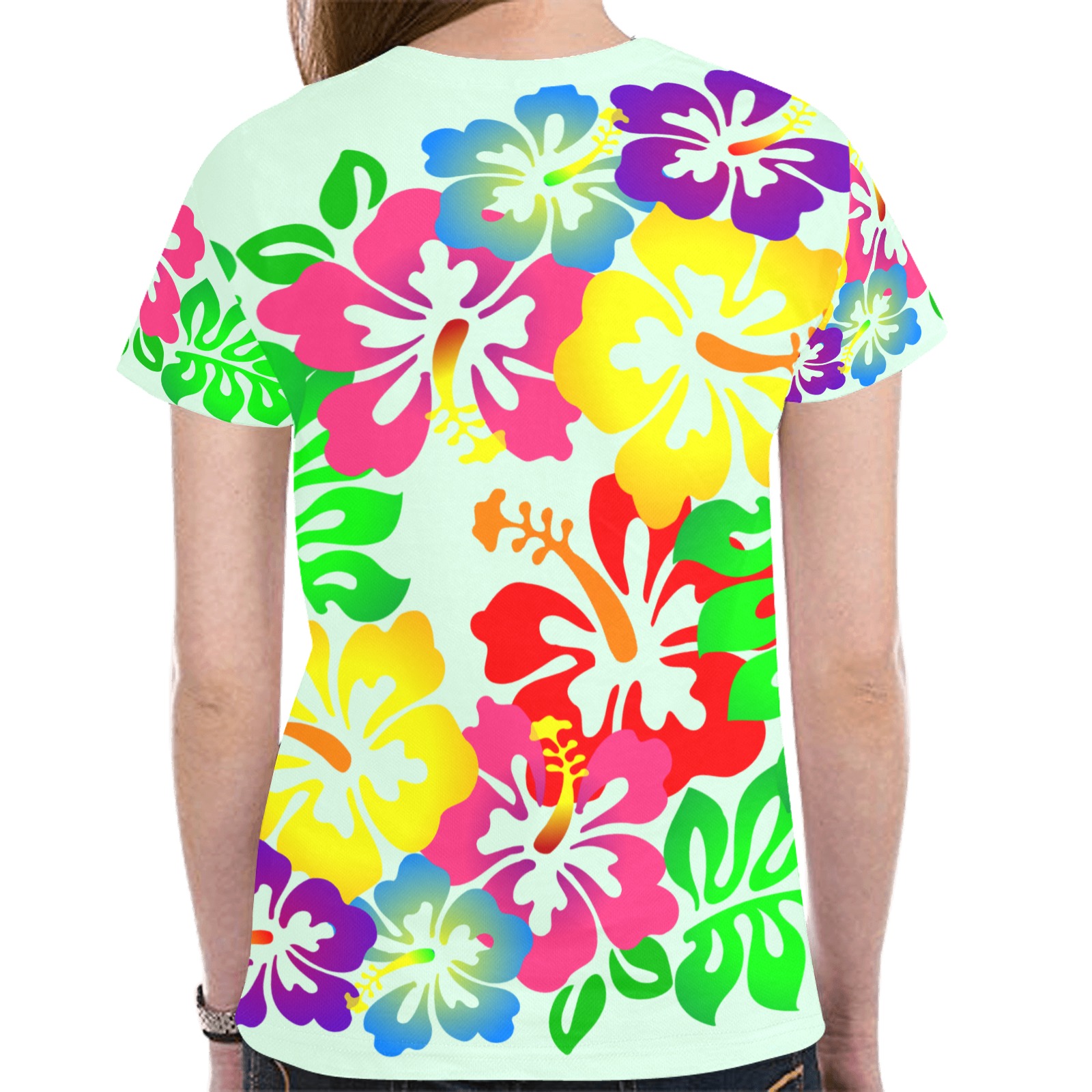 Hibiscus Hawaiian Flower on Green New All Over Print T-shirt for Women (Model T45)