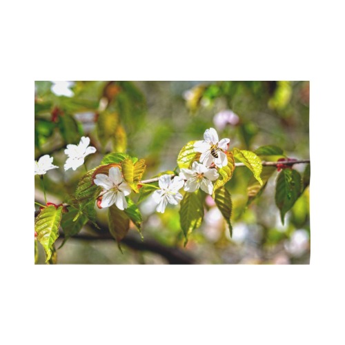 Small bee on a sakura flowers on a sunny day. Polyester Peach Skin Wall Tapestry 90"x 60"