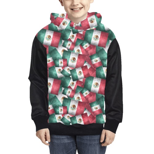 Mexican Pattern - Flags of Mexico  / Black Kids' All Over Print Hoodie (Model H38)