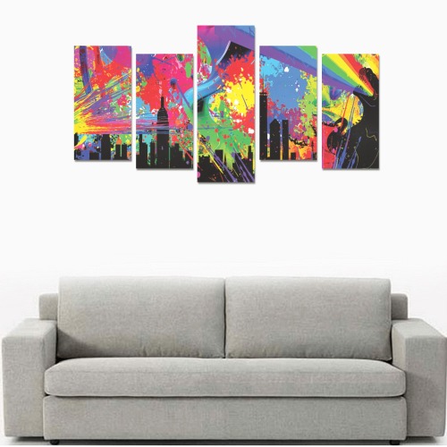 Dino Colored Paint Splatter Skyline Canvas Print Sets E (No Frame)