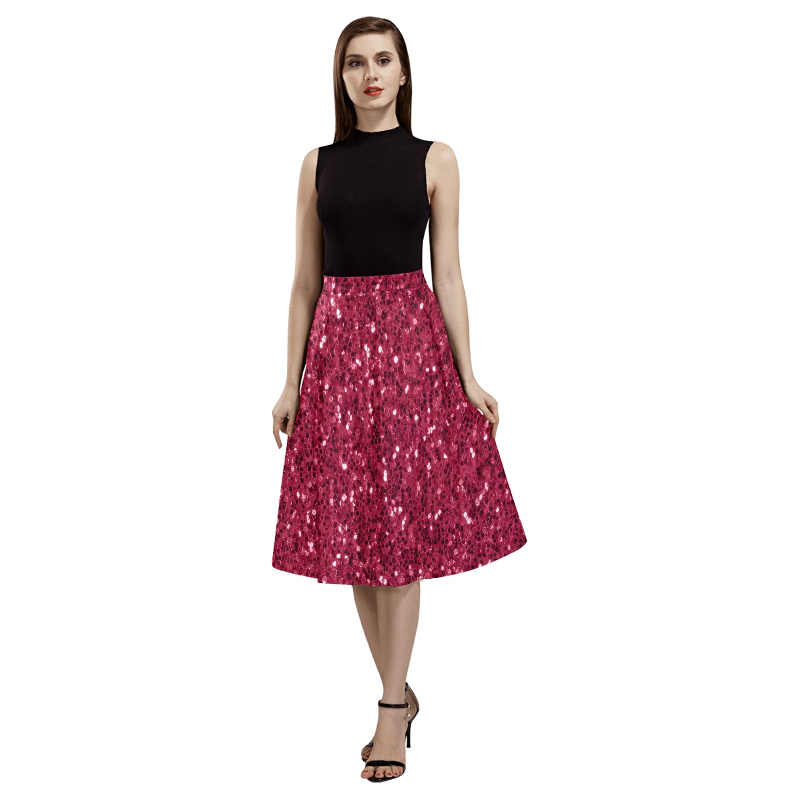Magenta dark pink red faux sparkles glitter Mnemosyne Women's Crepe Skirt (Model D16)