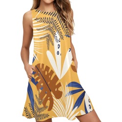 Tropical - Gold Sleeveless A-Line Pocket Dress (Model D57)