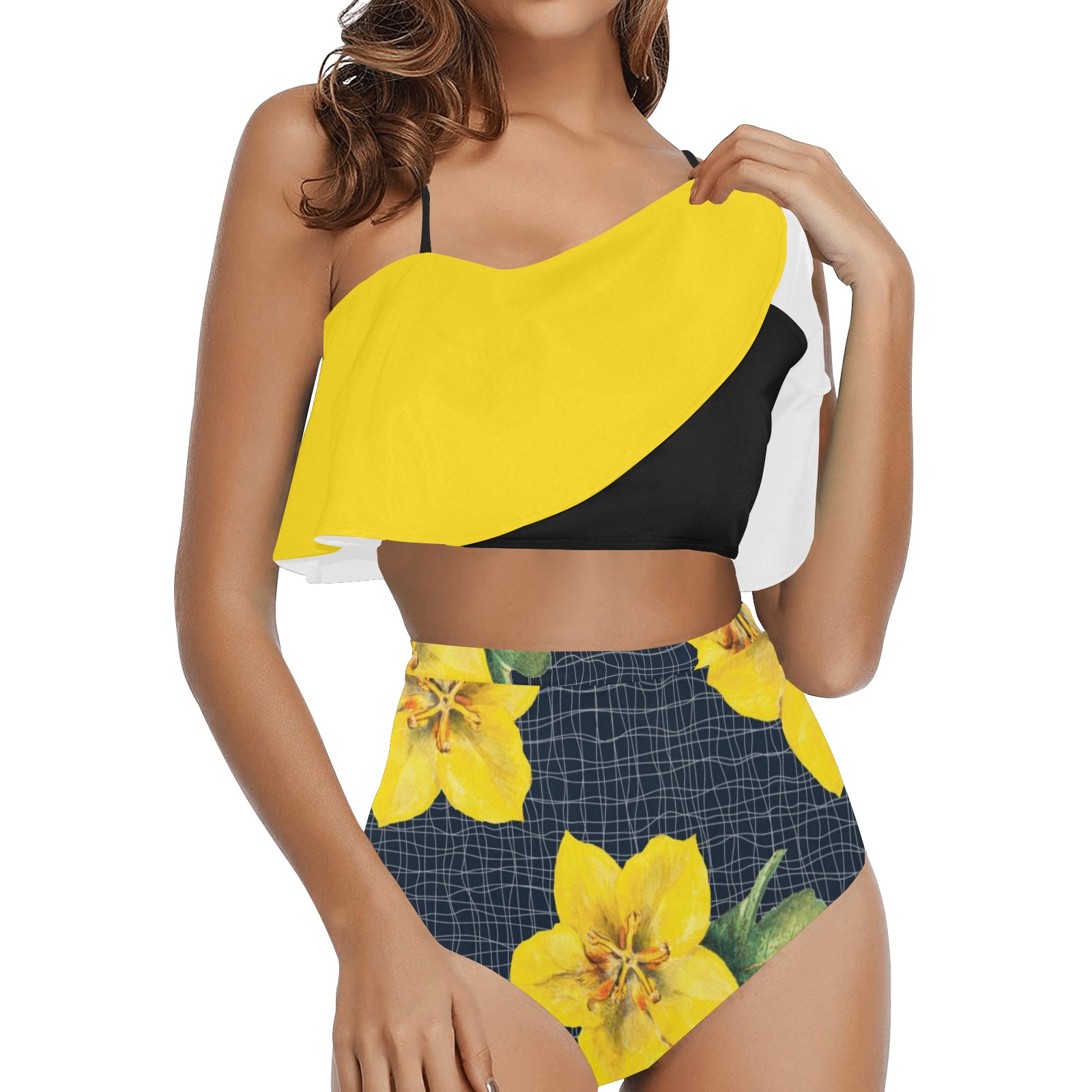 yellow flora print copy High Waisted Ruffle Bikini Set (Model S13)