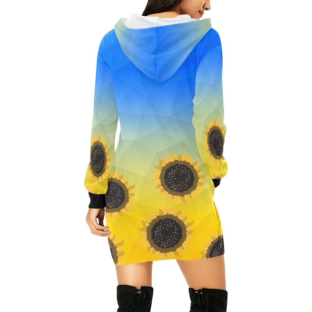 Ukraine yellow blue geometric mesh pattern Sunflowers All Over Print Hoodie Mini Dress (Model H27)