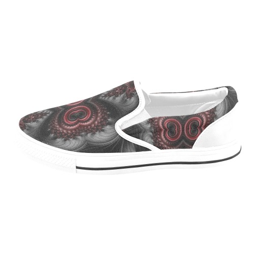 Maroon Dahlia Gardens at Midnight Fractal Abstract Women's Slip-on Canvas Shoes (Model 019)