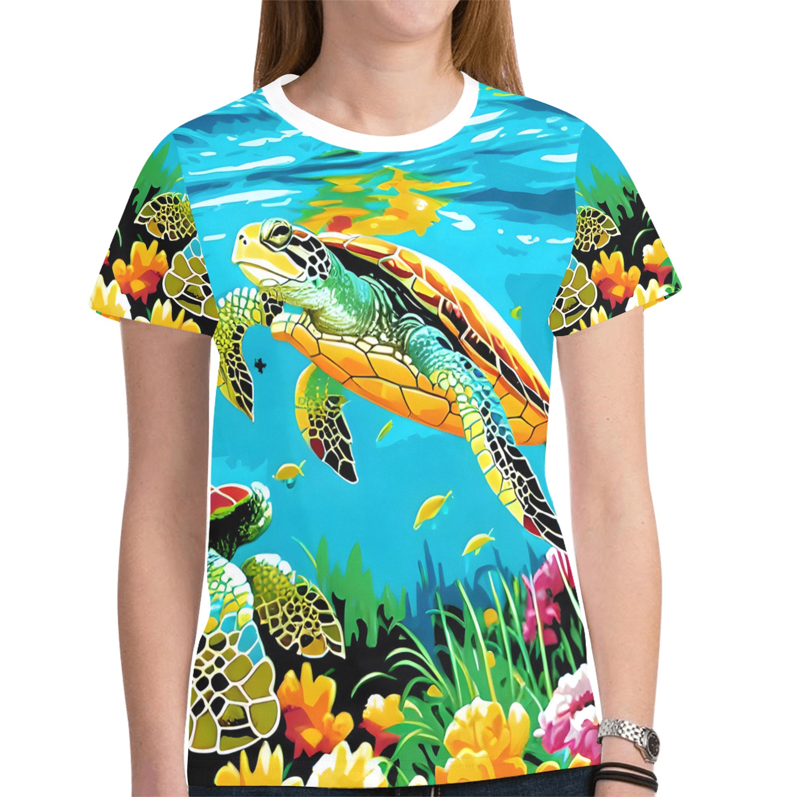 Turtle swimming in the sea New All Over Print T-shirt for Women (Model T45)