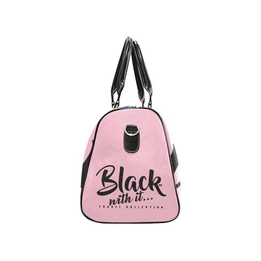 BWi Travel Bag: Pink w/Black Font (Black Leather Straps) New Waterproof Travel Bag/Small (Model 1639)
