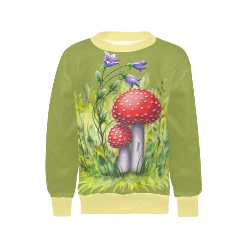 Red Mushroom Violet Flower Floral Watercolors on green Iva West Girls' All Over Print Crew Neck Sweater (Model H49)