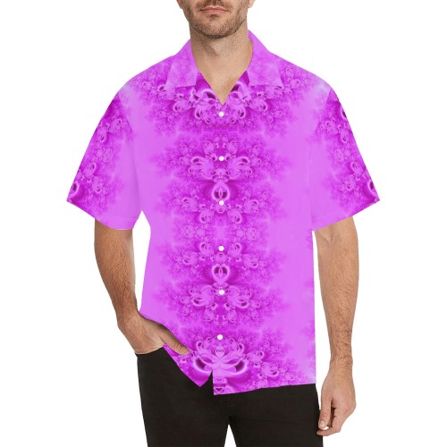 Soft Violet Flowers Frost Fractal Hawaiian Shirt with Merged Design (Model T58)