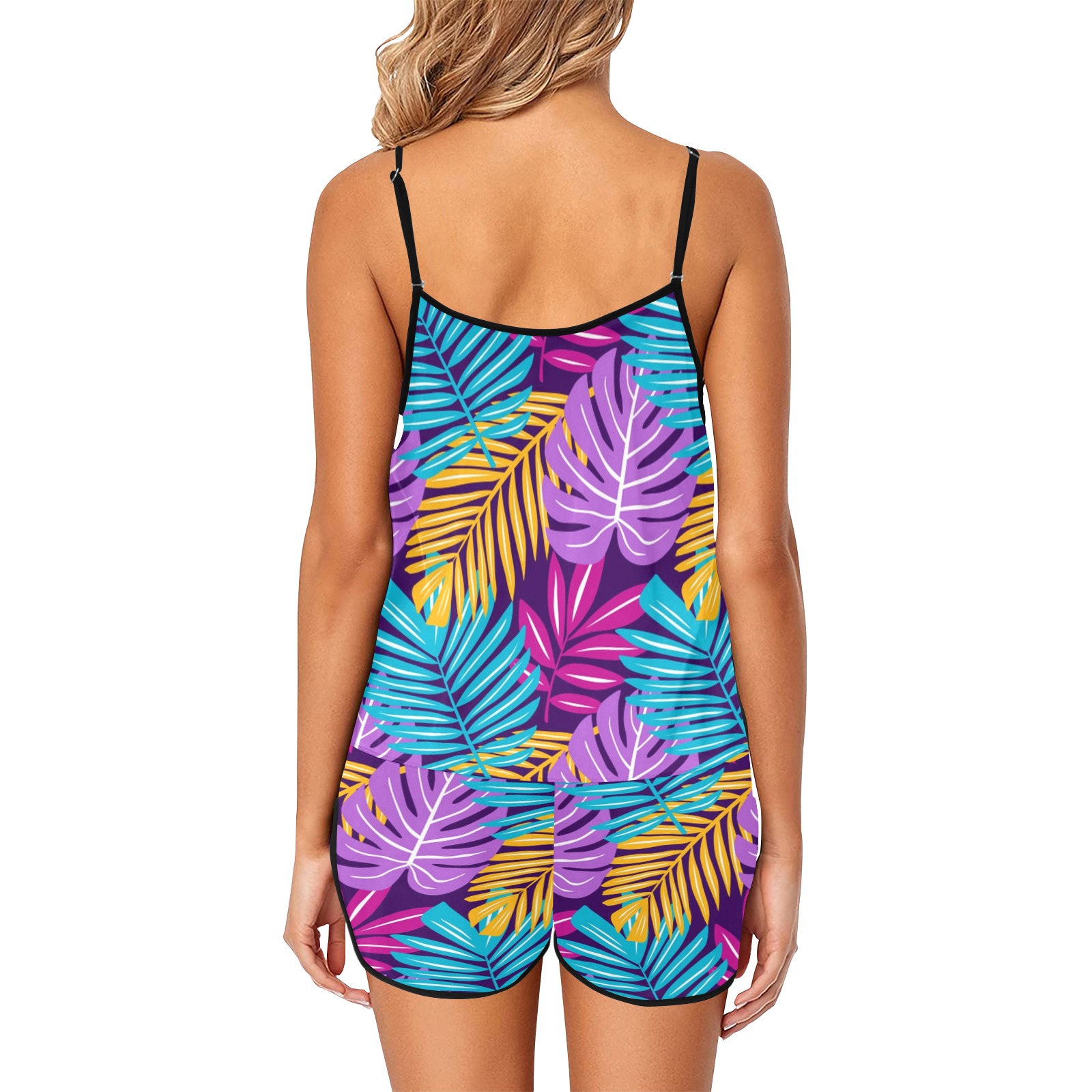 Tropical Palm Leaves Colorful Women's Spaghetti Strap Short Pajama Set