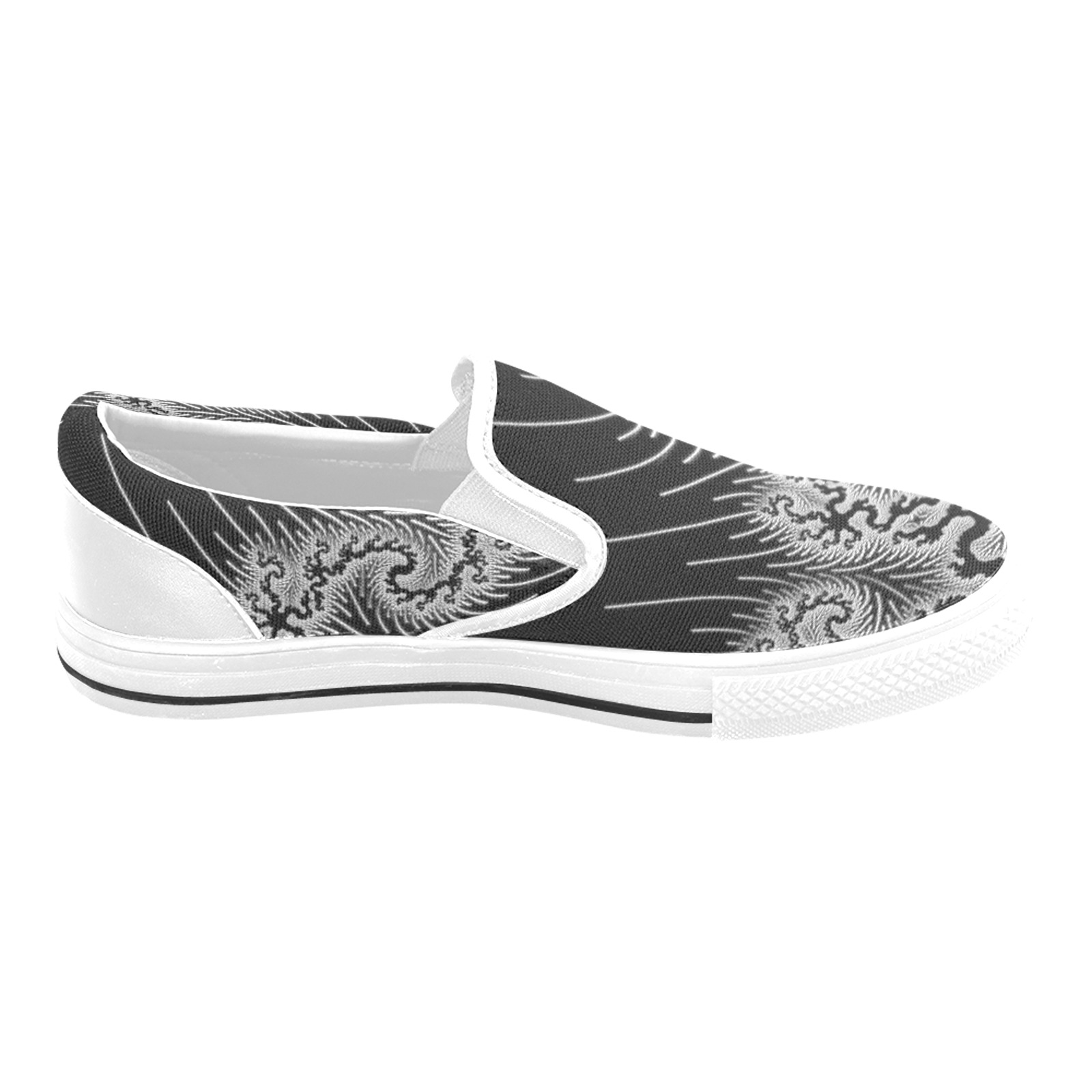 White and Silver Lace on Black Fractal Abstract Slip-on Canvas Shoes for Kid (Model 019)