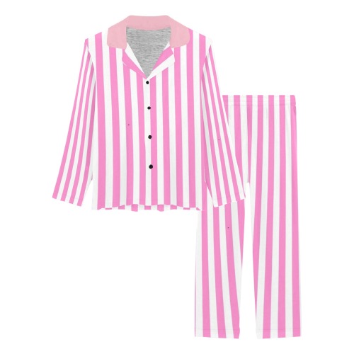 Baby Pink and Tight White Stripes Women's Long Pajama Set