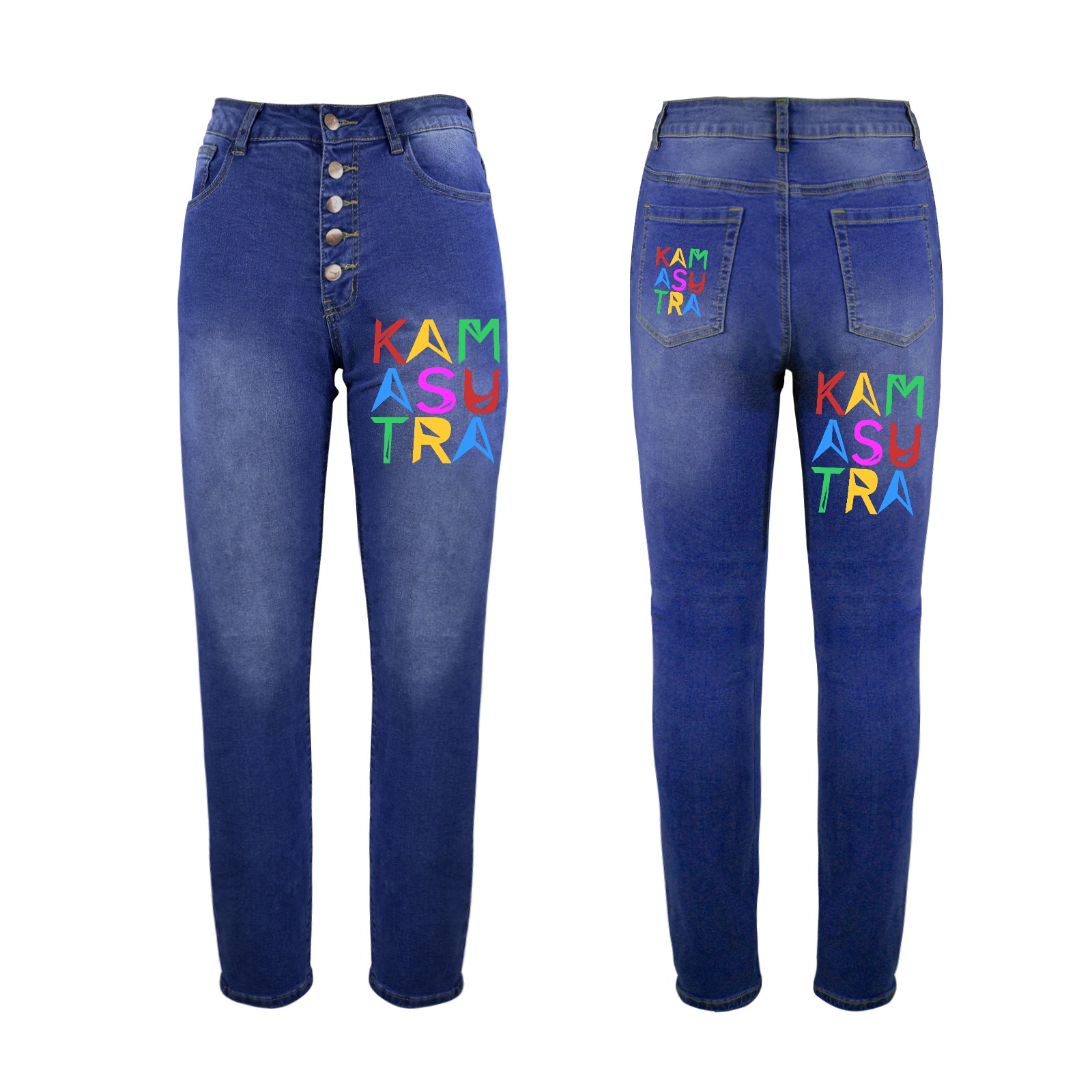 Kamasutra elegant colorful text typography art. Women's Jeans (Front&Back Printing)