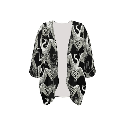 BLACK WHITE-dancing-storks Pattern Women's Kimono Chiffon Cover Ups (Model H51)