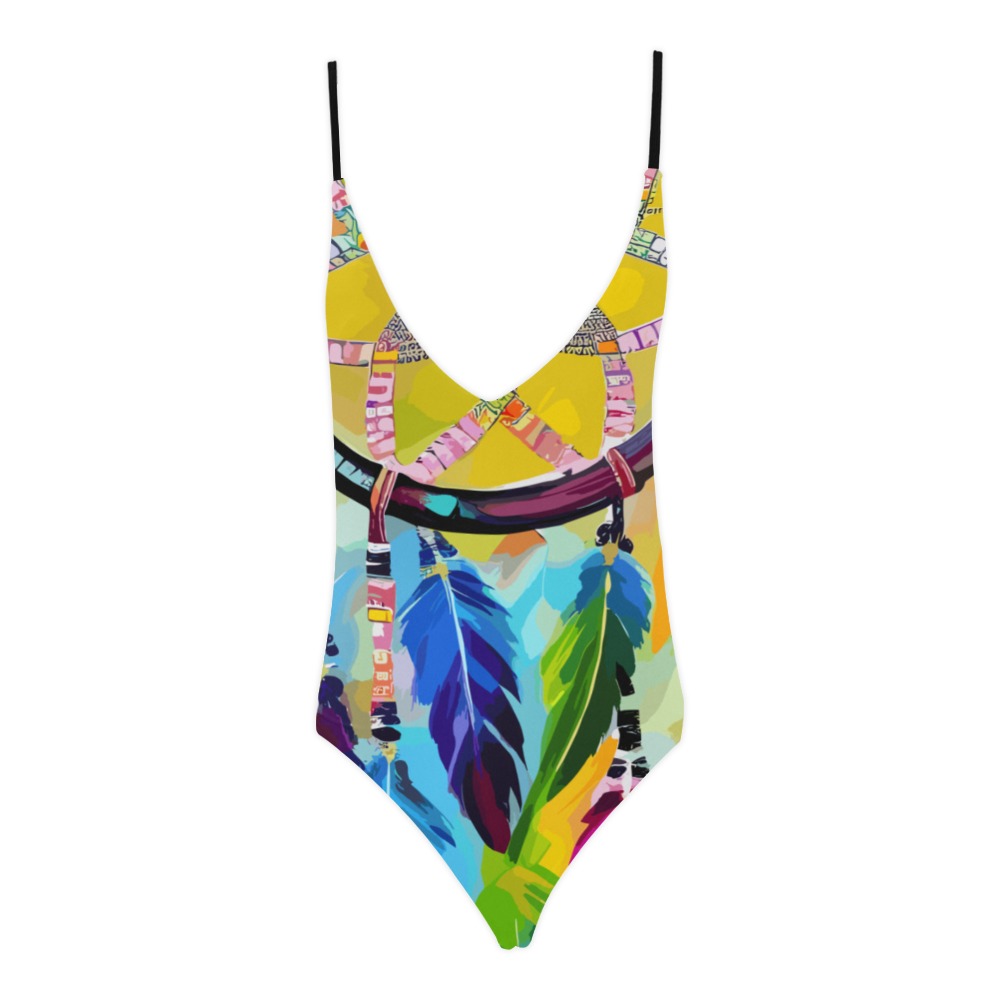 Beautiful dreamcatcher, colorful feathers art. Sexy Lacing Backless One-Piece Swimsuit (Model S10)
