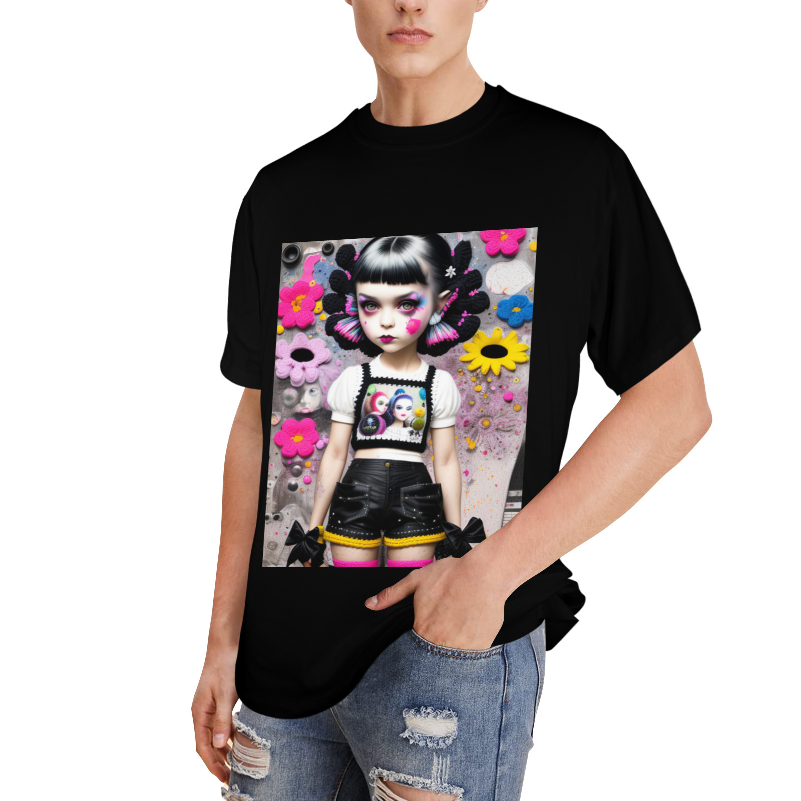 gothic girl with knit crochet flowers Men's Glow in the Dark T-shirt (Front Printing)