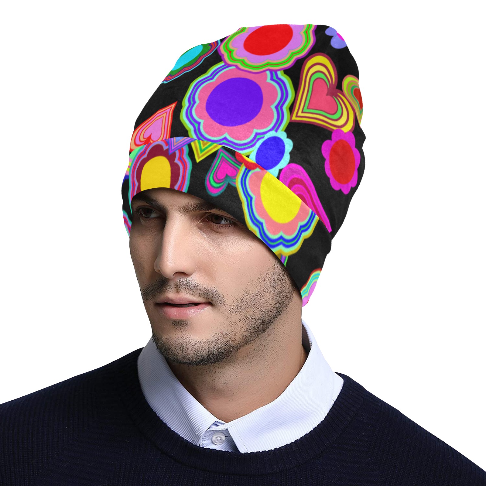 Groovy Hearts and Flowers Black All Over Print Beanie for Adults