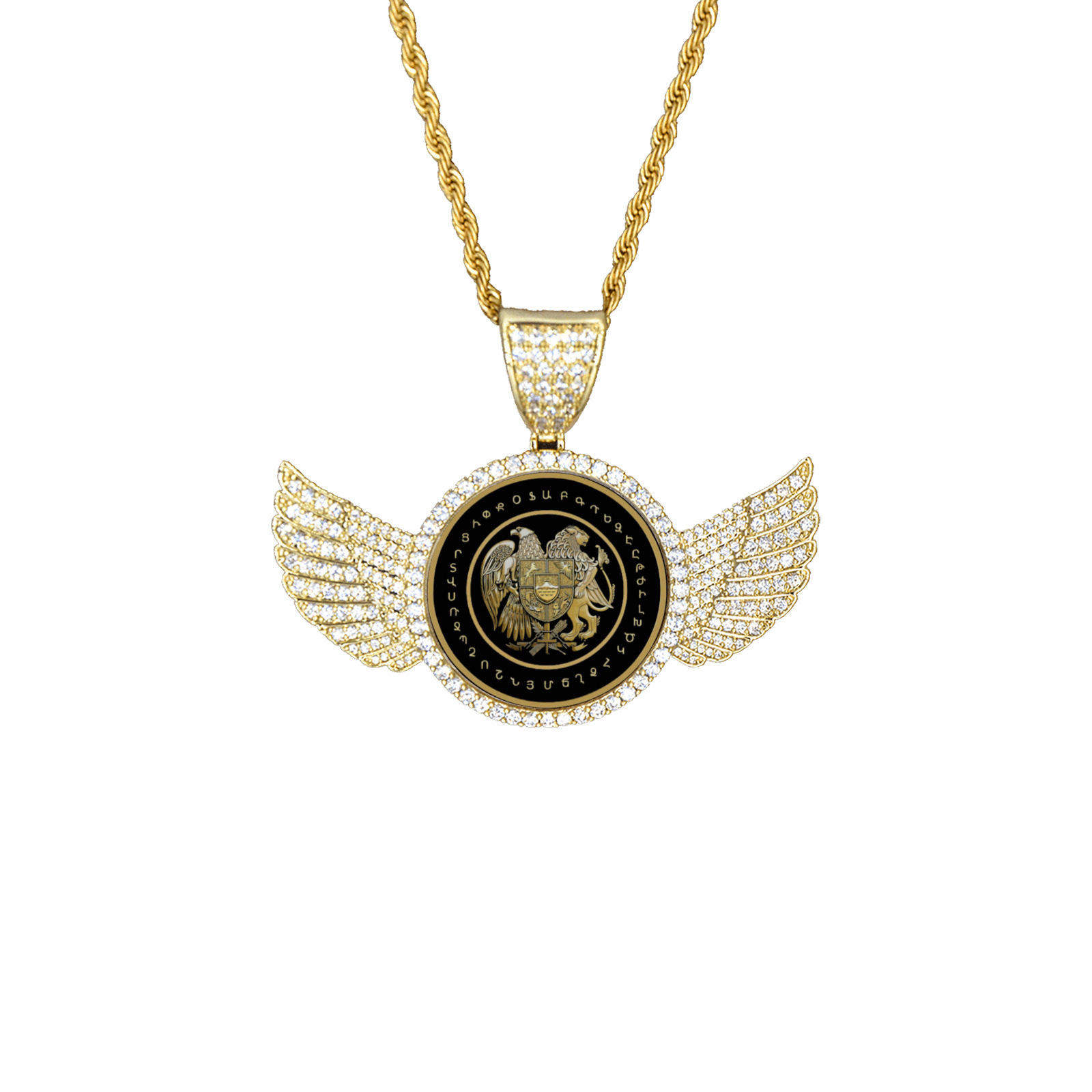 Coat of Arms Wings Gold Photo Pendant with Rope Chain