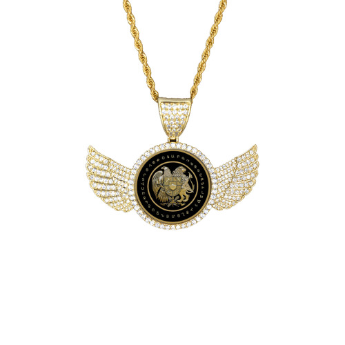 Coat of Arms Wings Gold Photo Pendant with Rope Chain