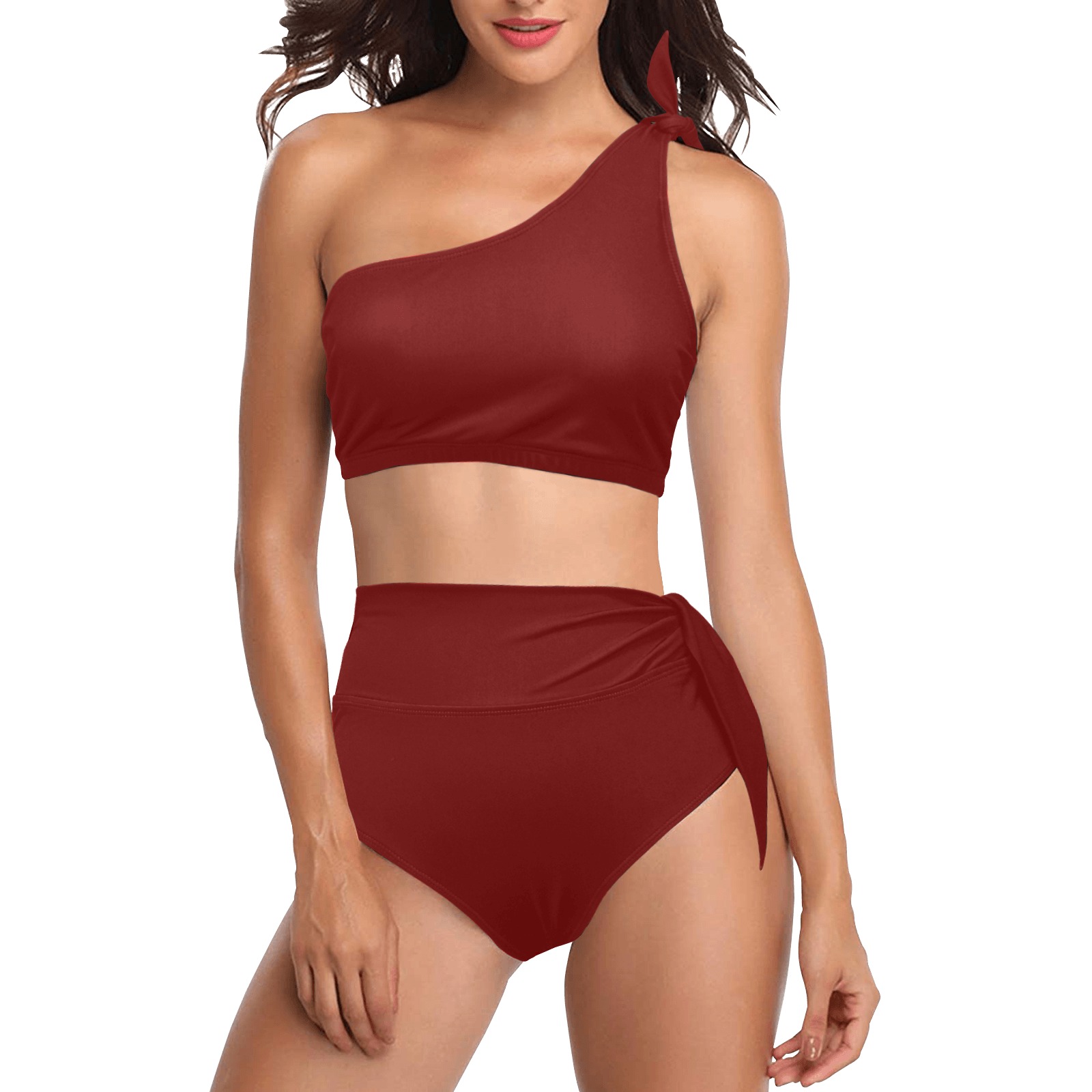 color blood red High Waisted One Shoulder Bikini Set (Model S16)