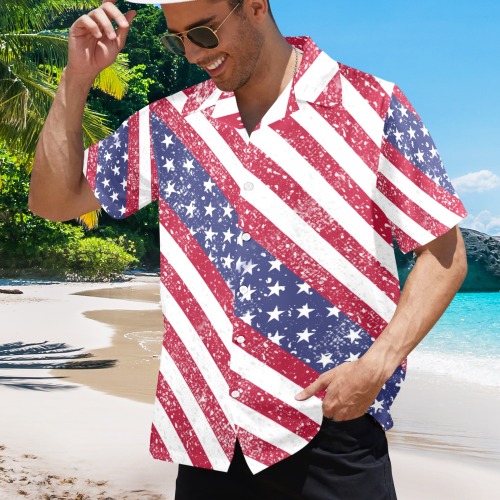 American Flag Distressed Men's All Over Print Hawaiian Shirt (Model T58)