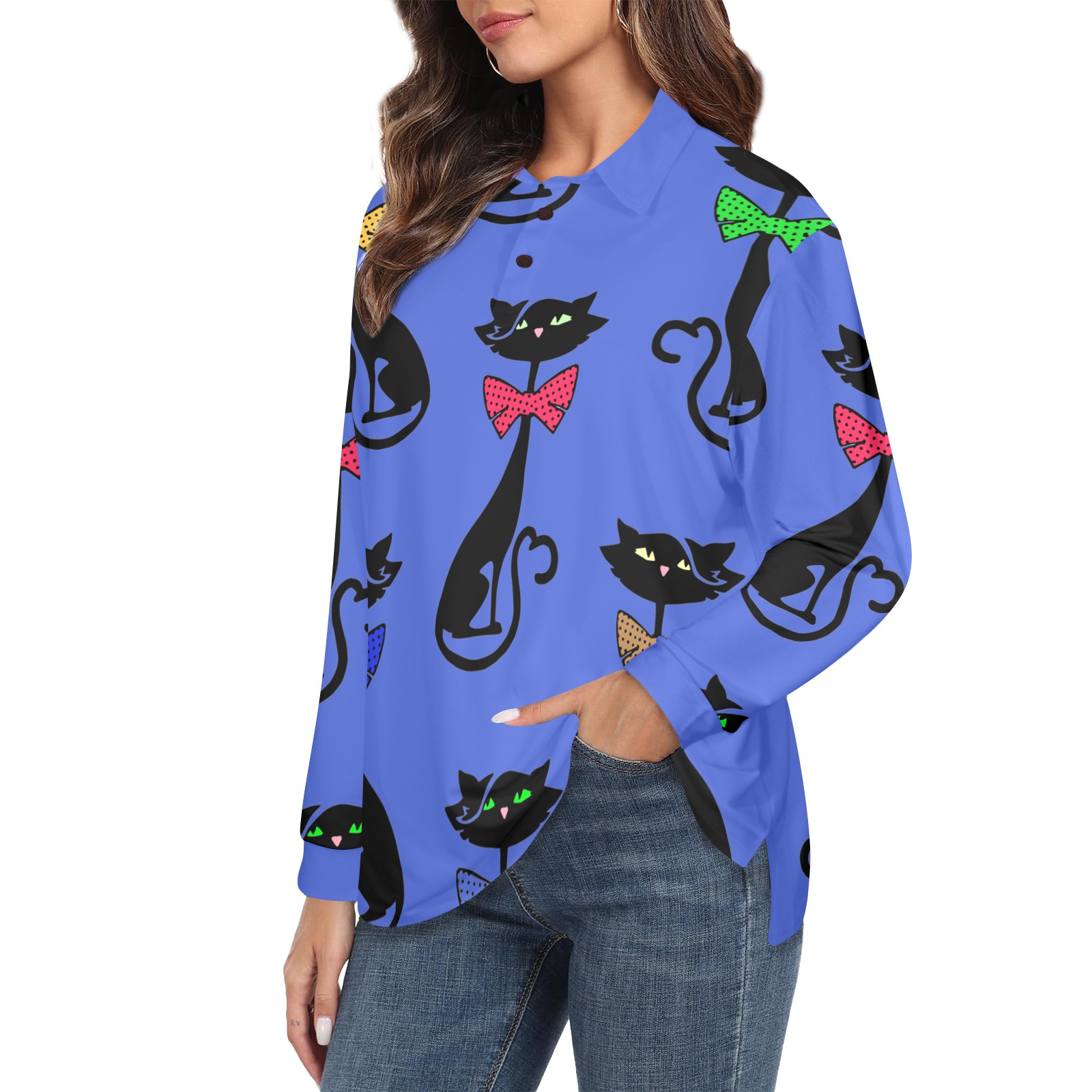 Black Cat with Bow Ties / Blue Women's Long Sleeve Polo Shirt (Model T73)