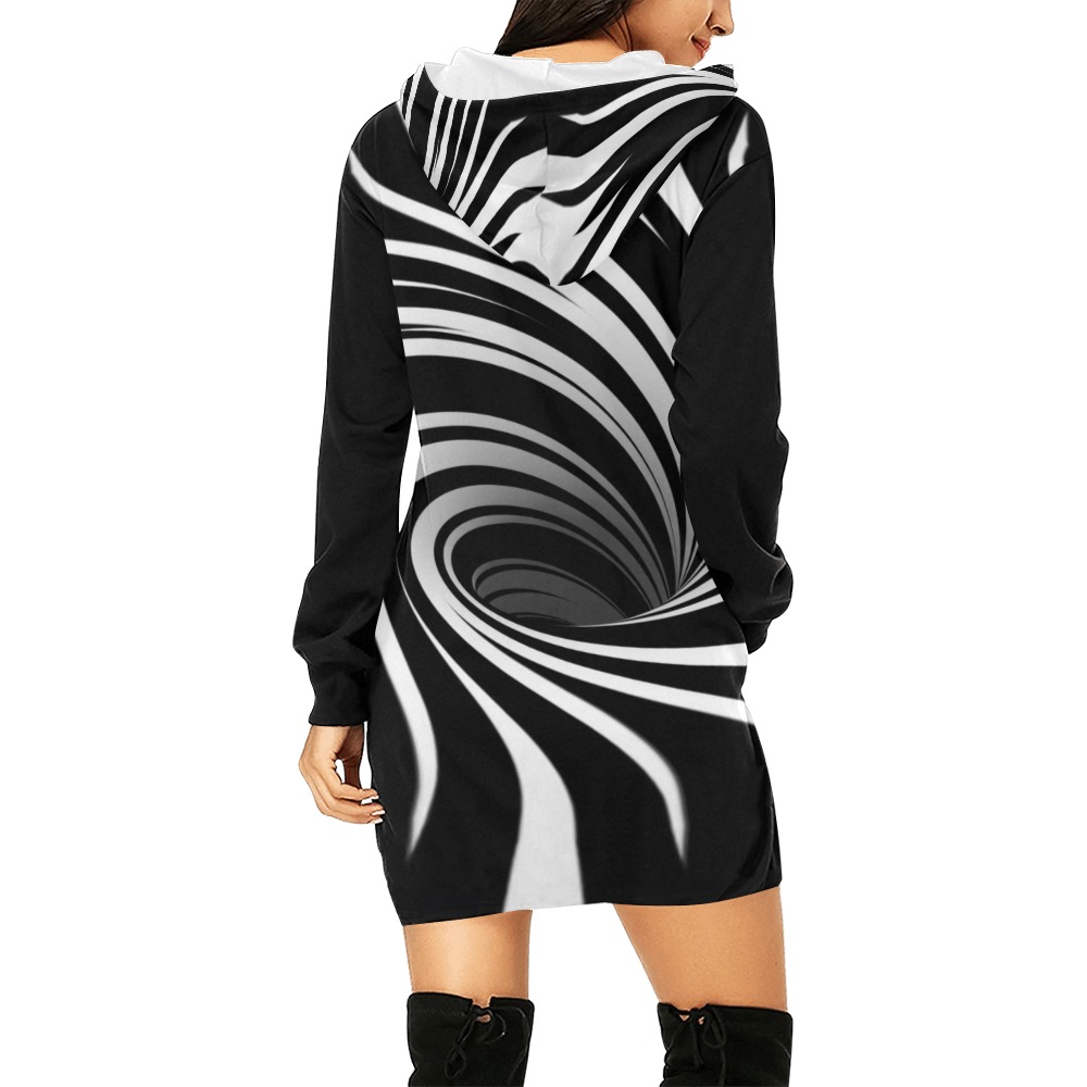 Op Art Optical Illusion Abstract Flower (Black|White) All Over Print Hoodie Mini Dress (Model H27)