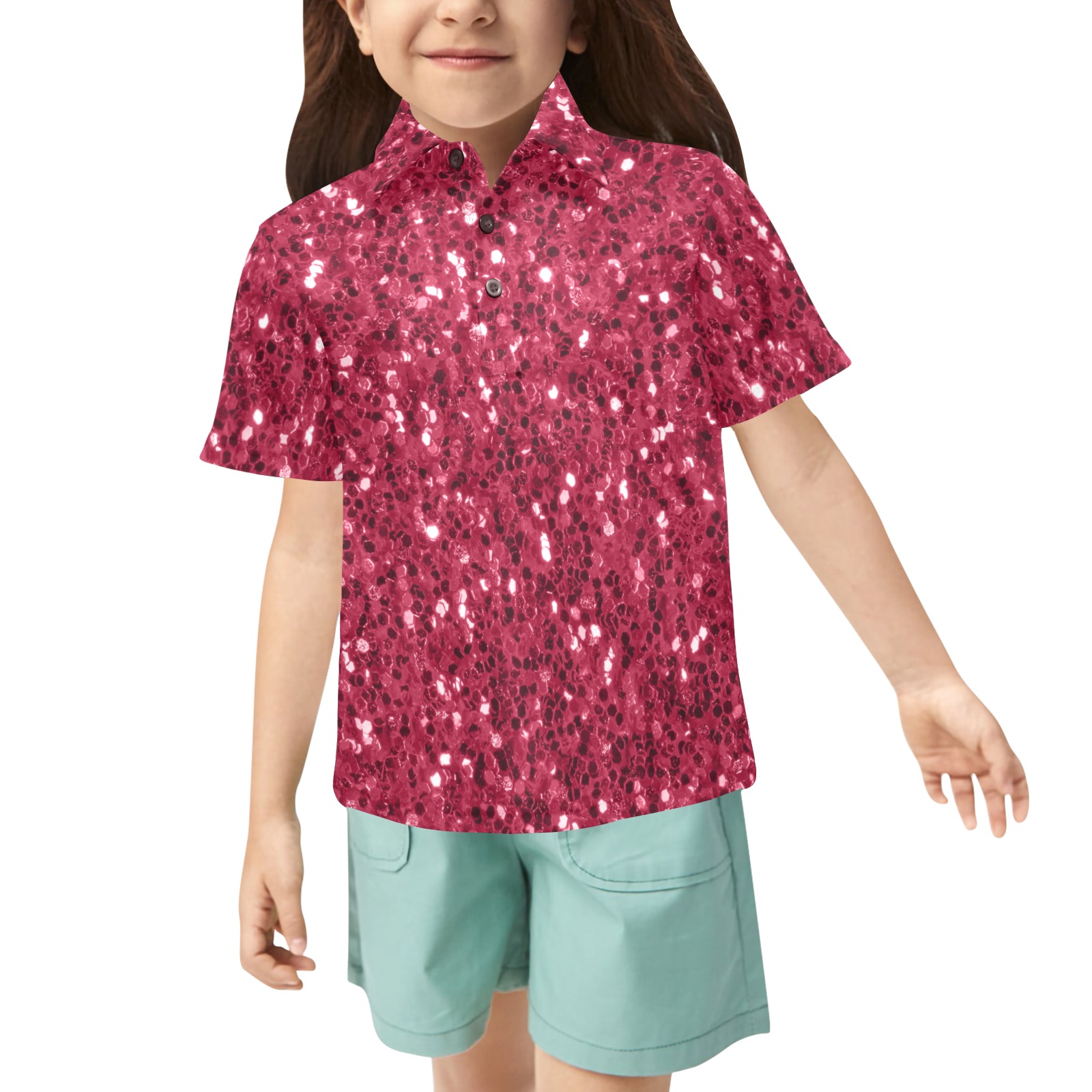 Magenta dark pink red faux sparkles glitter Little Girls' All Over Print Polo Shirt (Model T55)