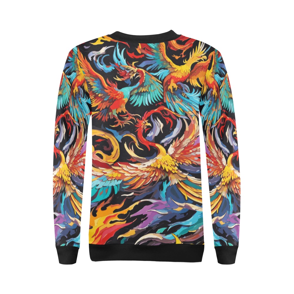Colorful fantasy phoenix birds and flames art. All Over Print Crewneck Sweatshirt for Women (Model H18)