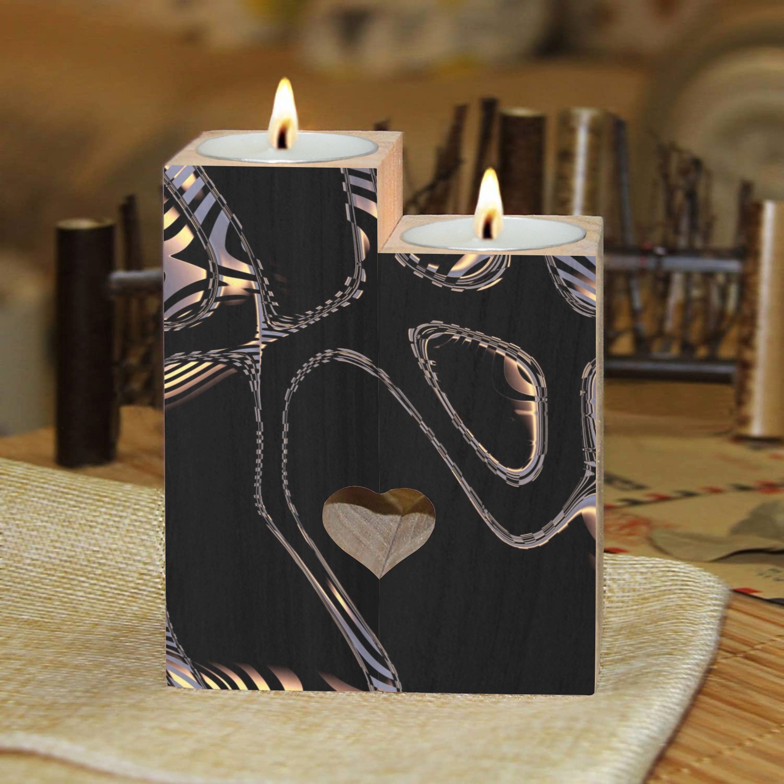 Elegant Black Fractal Wooden Candle Holder (Without Candle)