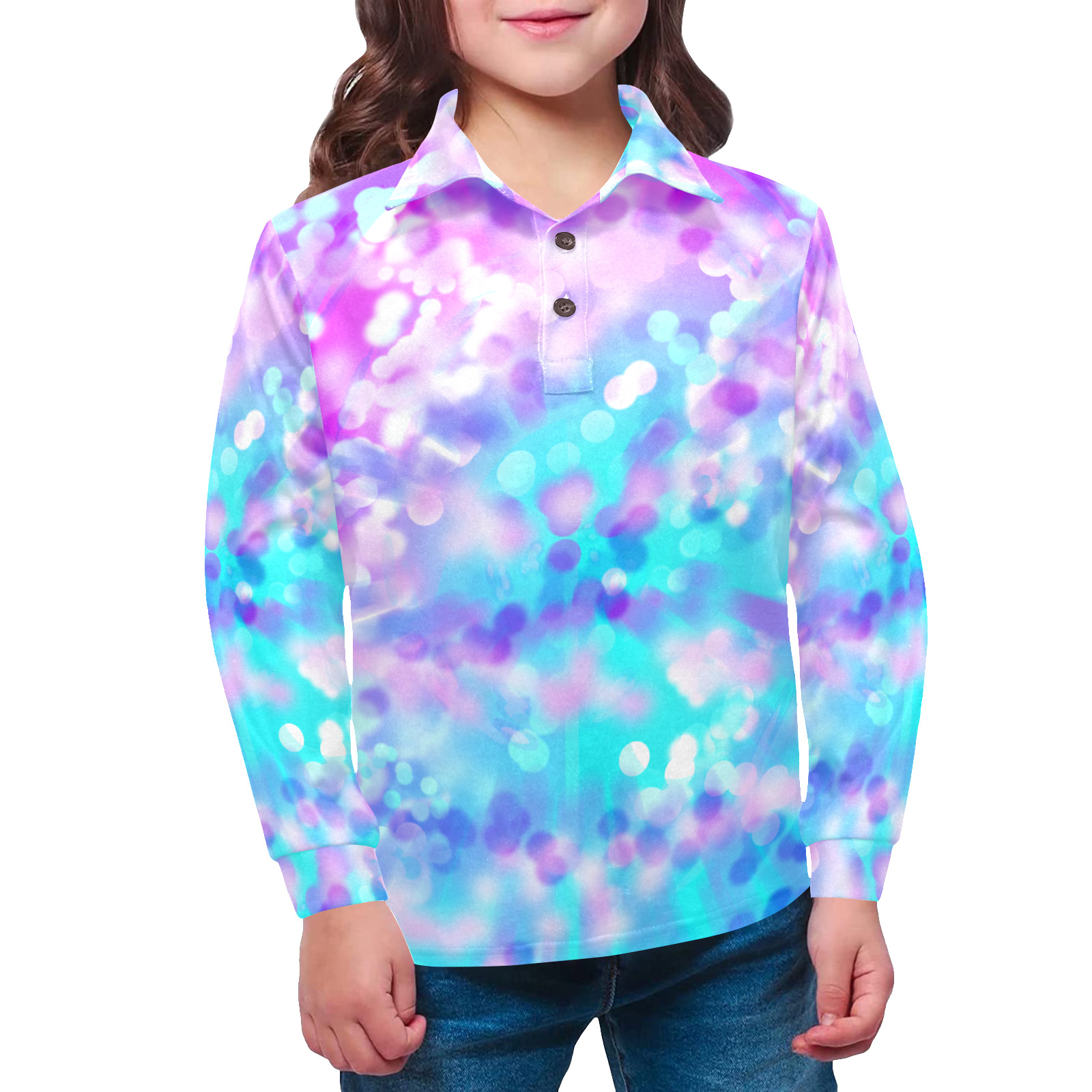 Purple And Blue Bokeh 7518 Little Girls' All Over Print Long Sleeve Polo Shirt (Model T73)