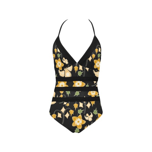 ONE-PIECE VINTAGE FLORAL YELLOW Lace Band Embossing Swimsuit (Model S15)